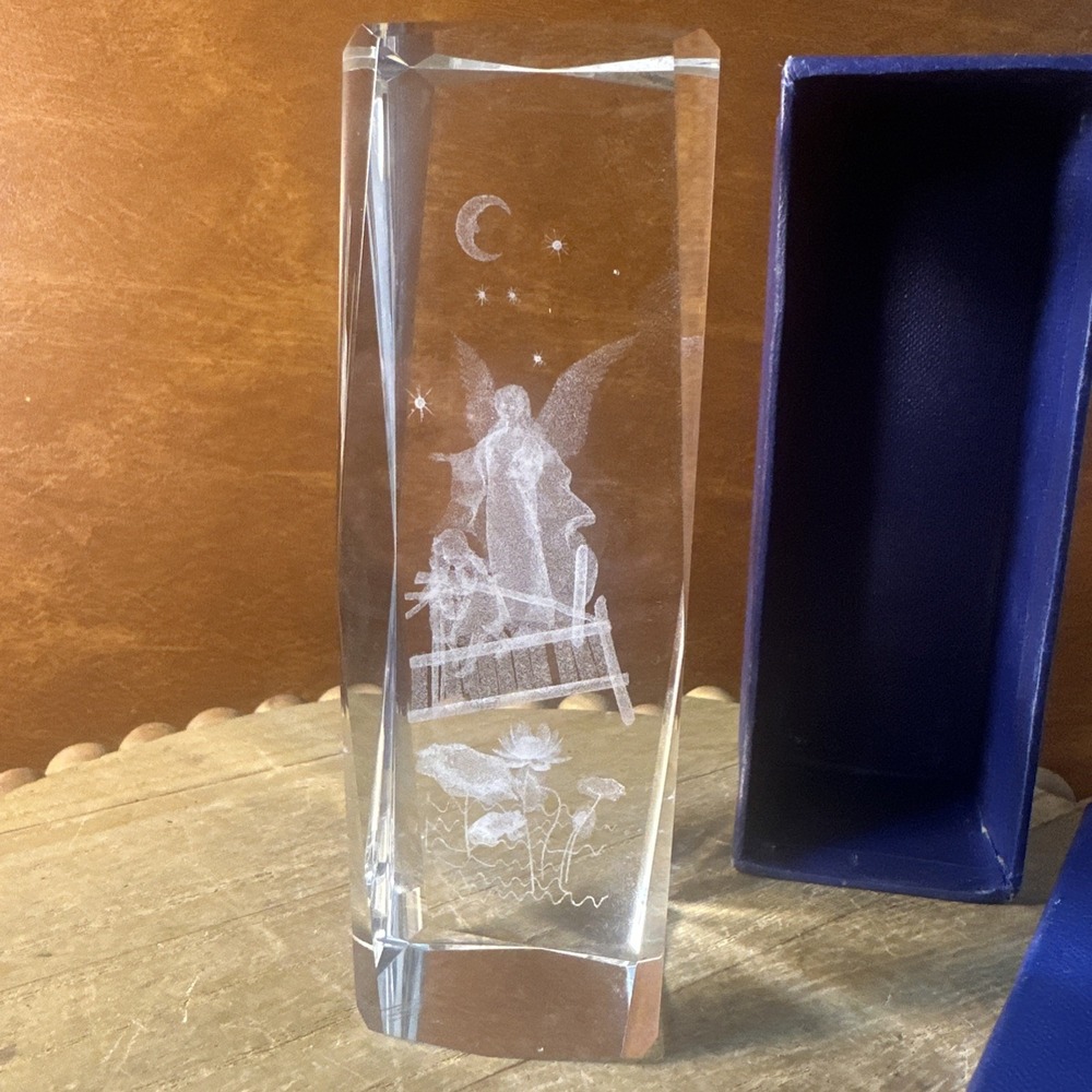 Crystal 3D Laser Cut Etched Paperweight Guardian Angel-Children Holographic